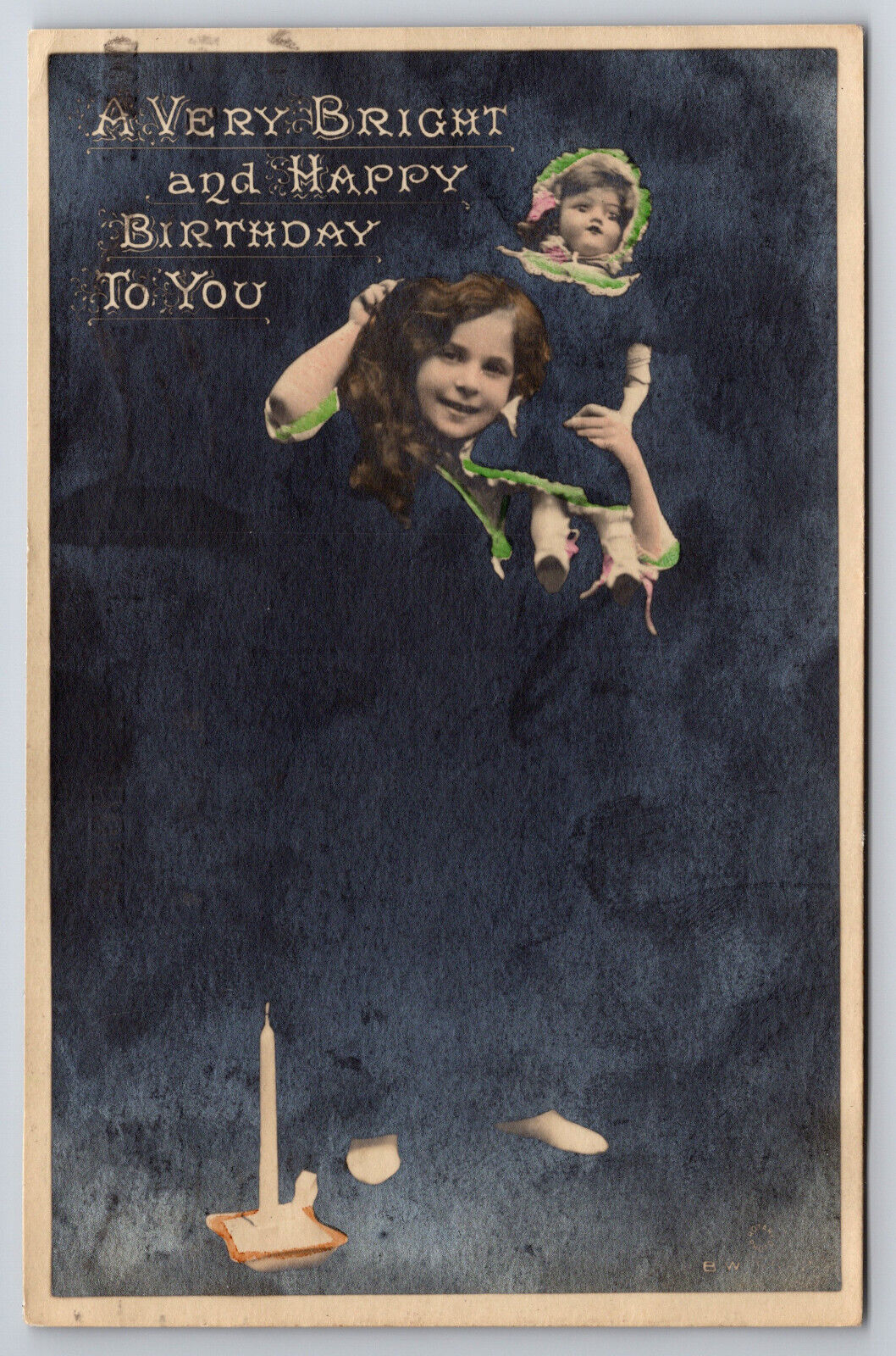 Vintage C1910 Postcard Birthday Girl with Doll on Shoulders