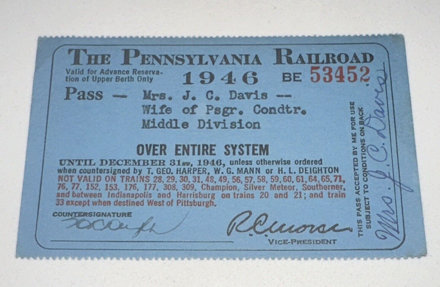 1946 Pennsylvania Railroad Ticket Stub Annual Season Pass Signed Entire System