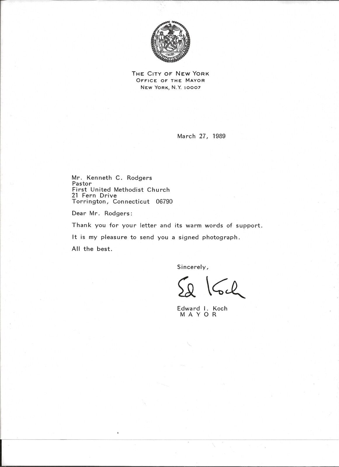 Ed Koch autographed typed letter 1989 as Mayor of New York City