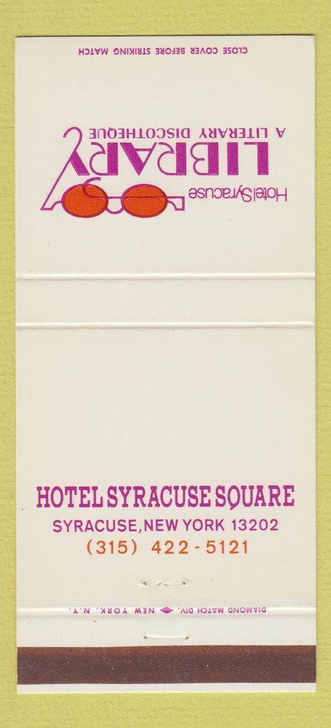 Matchbook Cover - Library Disco Hotel Syracuse Square NY 30 Strike
