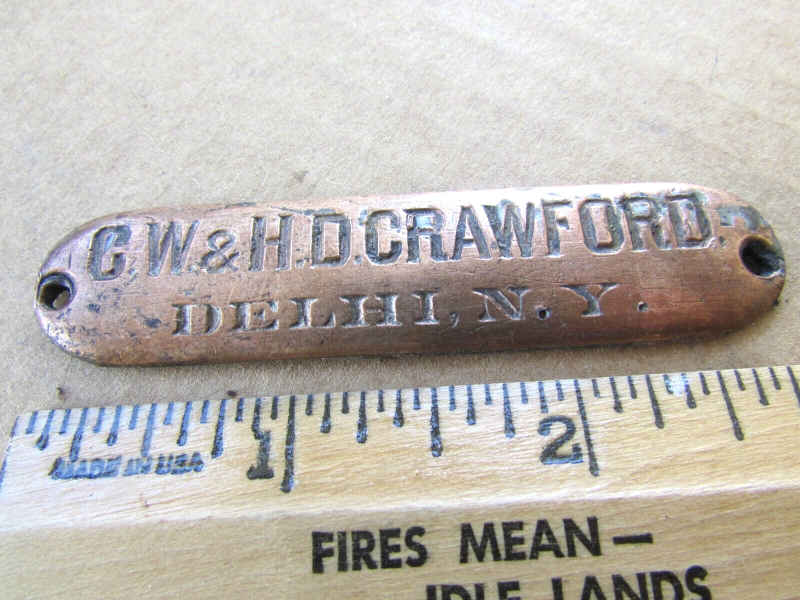 Rare Antique CW & HD Crawford Brass Carriage Emblem Delhi NY - Buggy Tag Plate