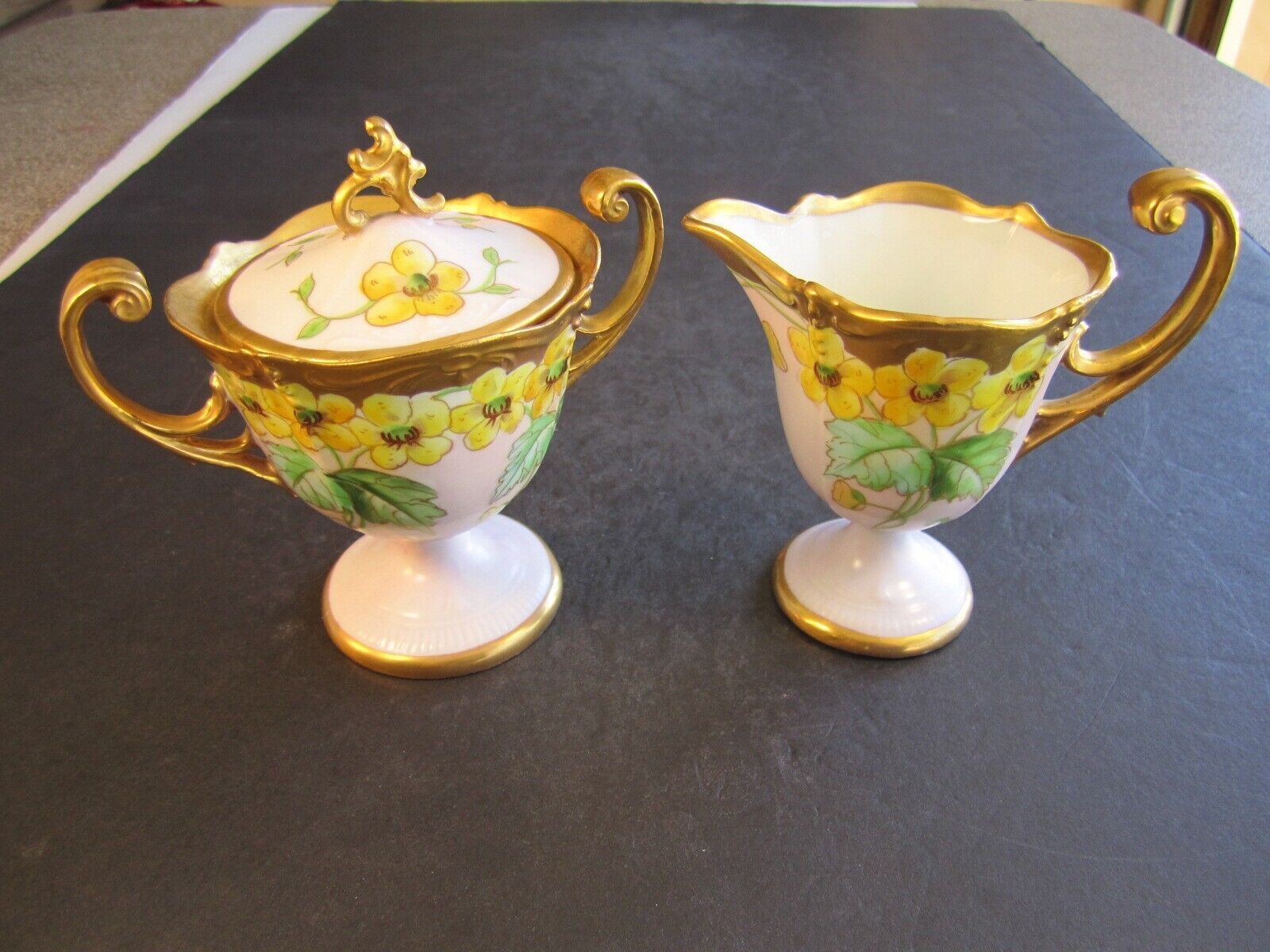 Petite Antique Pickard China Floral & Gold Over Pink Covered Sugar & Creamer Set