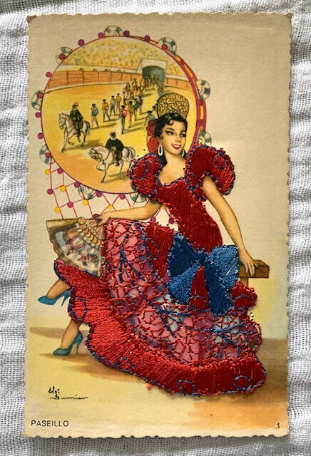 Vintage Postcard, Embroidered, Embroidery, Elsi Gumier Paseillo, Dancer, Spain