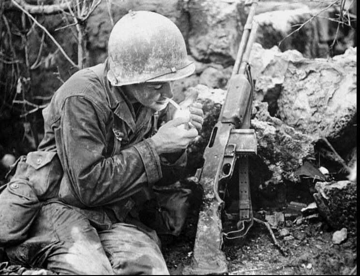 WW2 Photo WWII USGI Smoke Break Okinawa May 1945 BAR Rifle World War Two  / 1239