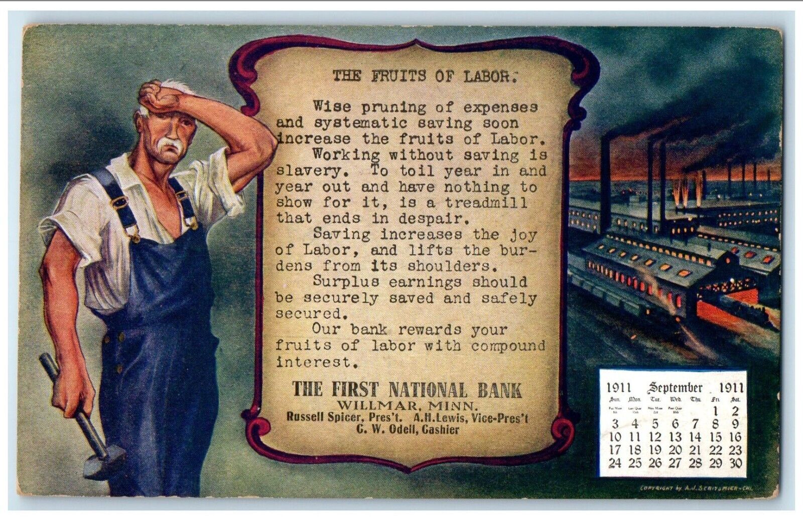 1911 The First National Bank Willmar Minnesota MN Labor Advertising Postcard