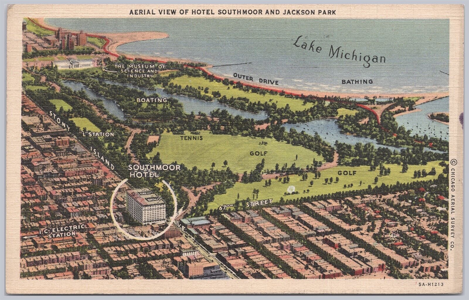 Chicago, Ill., Aerial View of Hotel Southmoor and Jackson Park - 1946