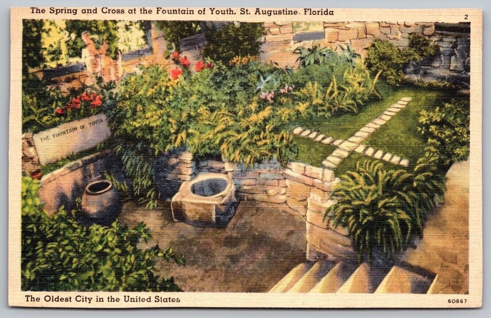 Spring Cross Fountain Youth St Augustine Florida Fl Linen Vintage Postcard