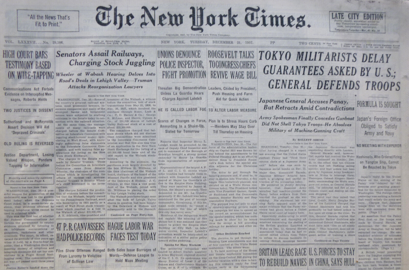 12-1937 December 21 TOKYO MILITERISTS DELAY GUARANTEES ASKED BY U.S.; DEFENDS 