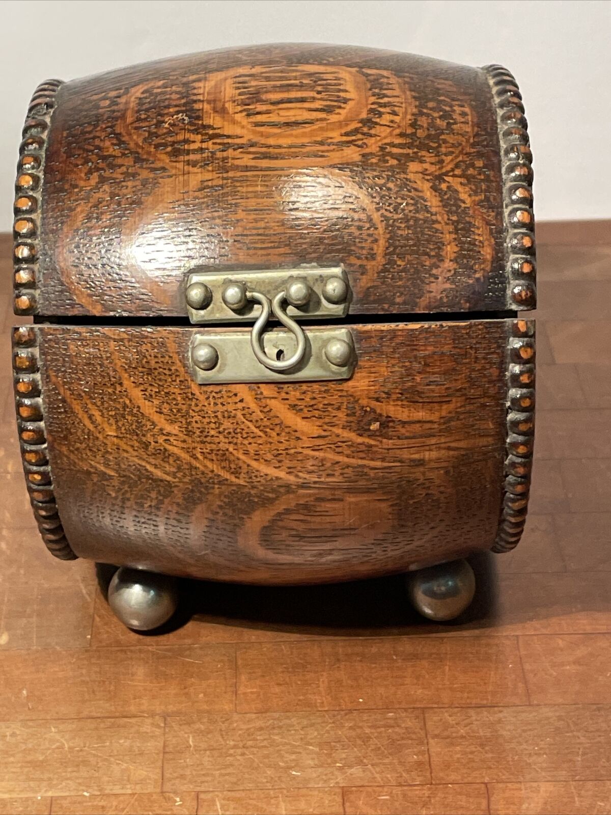 Antique Victorian Oak Barrel Tobacco Cigarette Tea Box Silver Round Feet Hinged