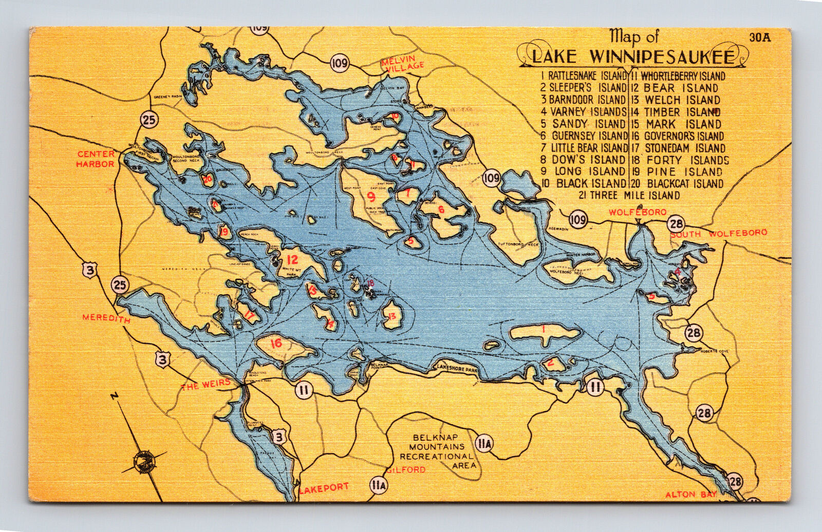 c1954 Map of Lake Winnipesaukee New Hampshire NH Postcard