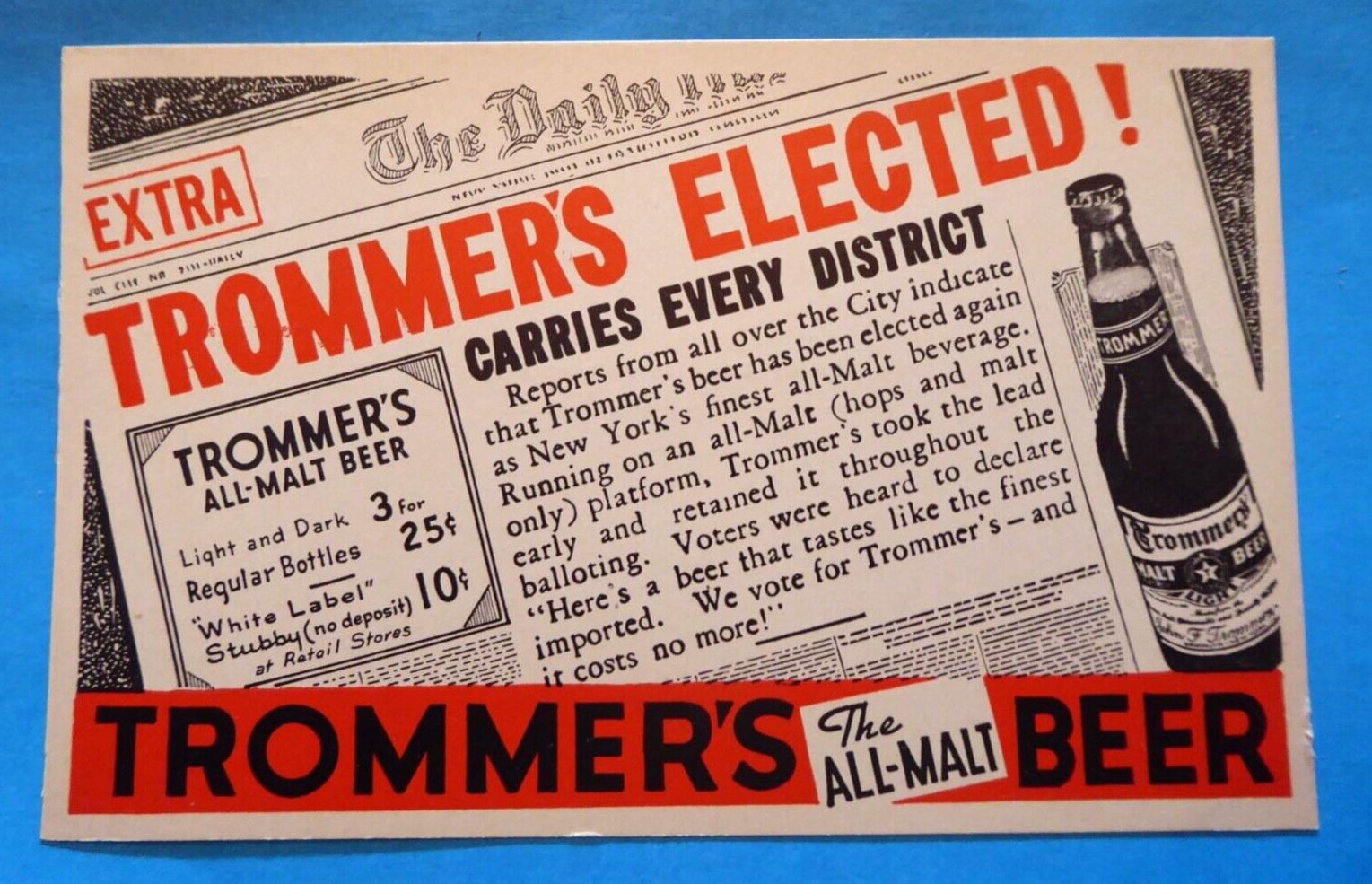 Trommer\'s All-Malt Beer Election Newspaper Headline  Postcard