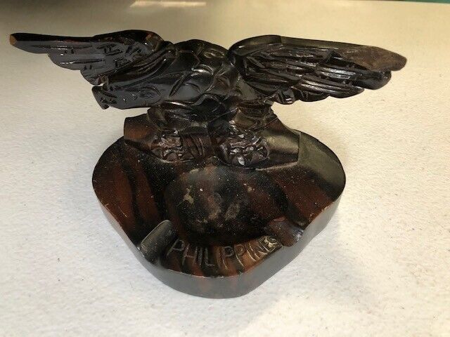 Vintage Philippines Souvenir Wooden Eagle with Round Ashtray