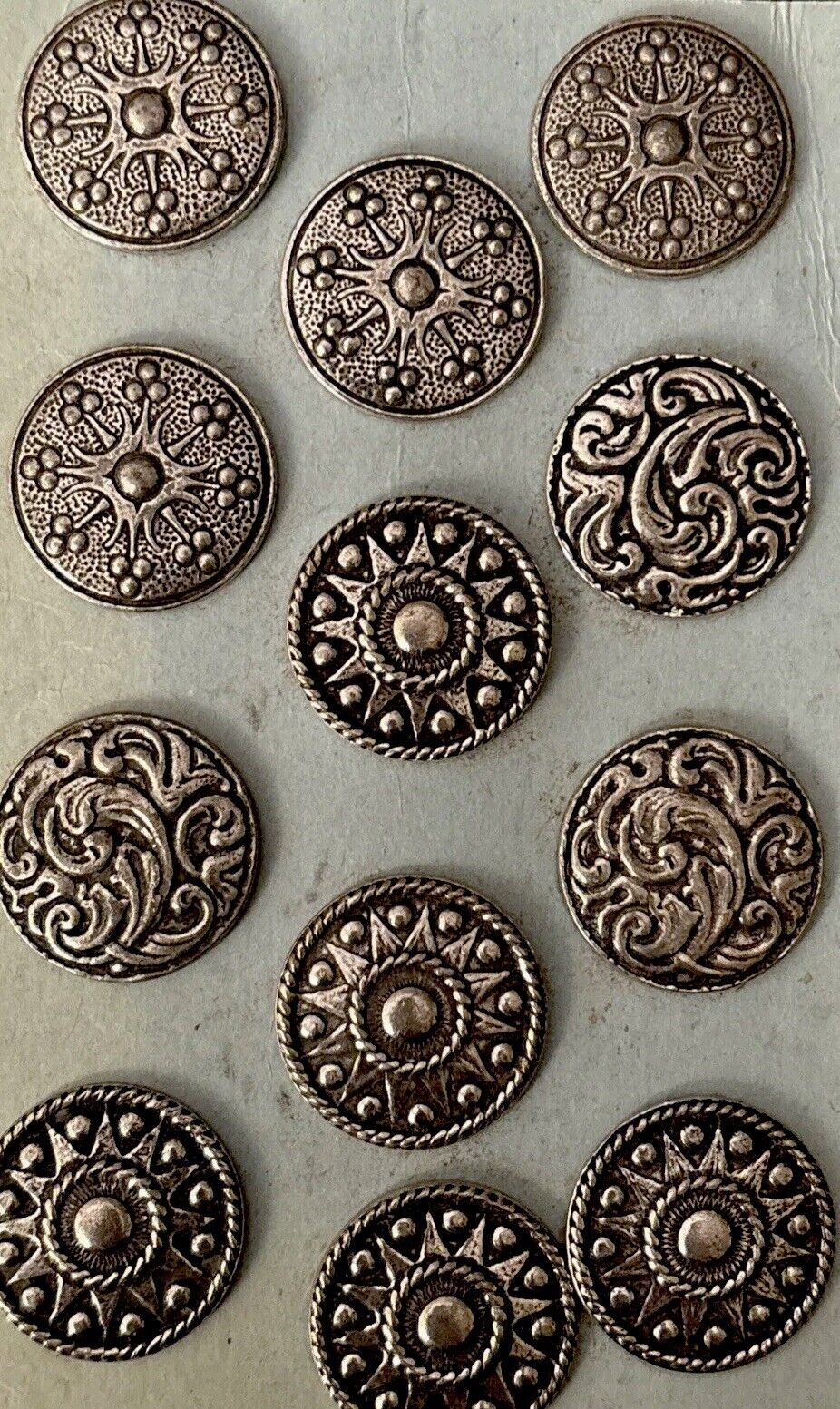 Intricate Vintage Pewter buttons- Norwegian -12 Buttons-3 Designs