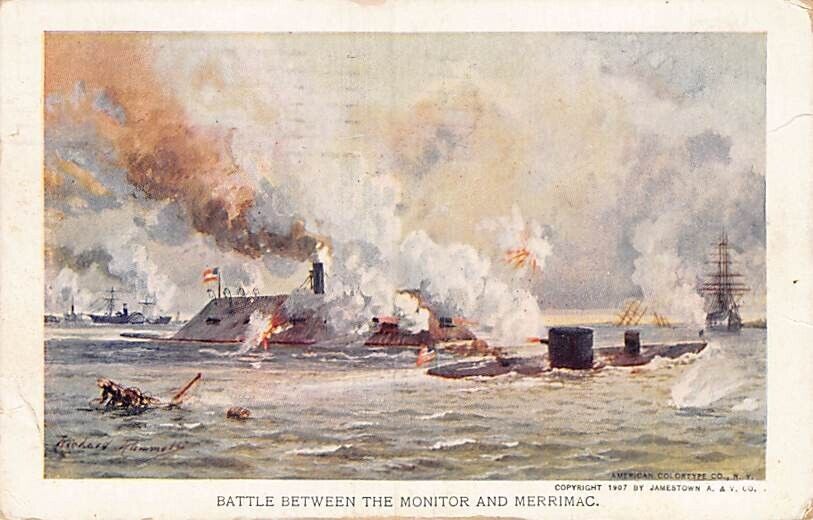 Postcard VA: 1862 Civil War Duel Between Monitor & Merrimac, Hampton Roads c1907