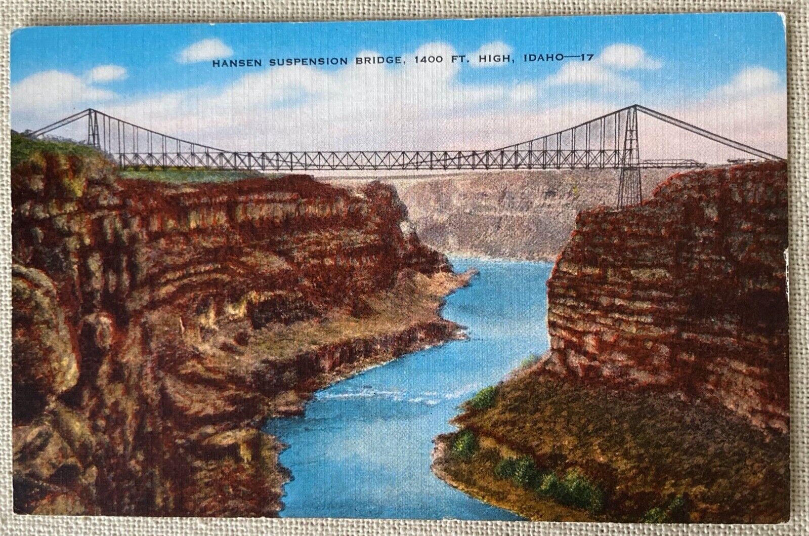 Hansen Suspension Bridge Snake River Canyon Twin Falls Idaho Linen Postcard Vtg