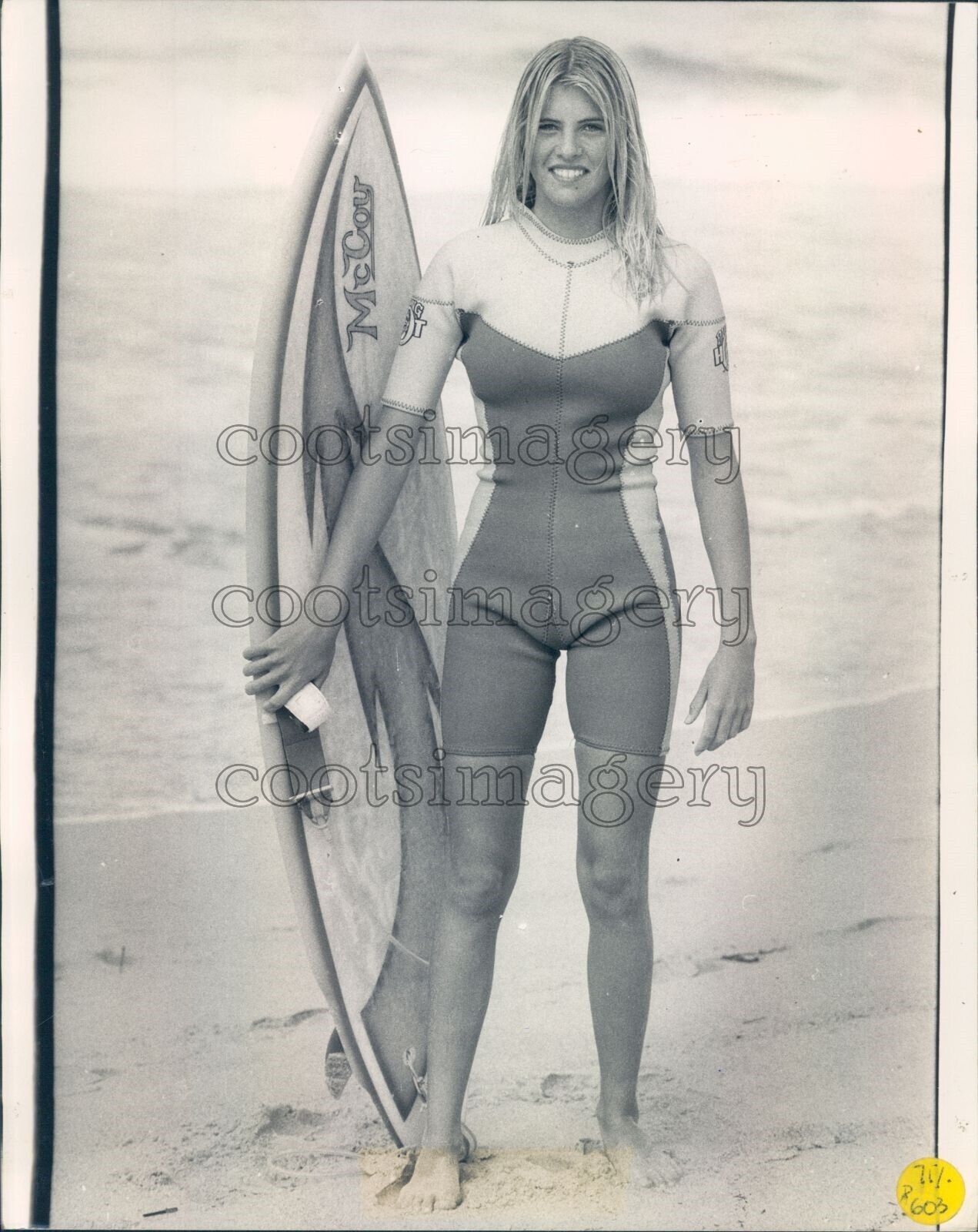 1991 Press Photo Lovely Blond Aussie Surfer Pam Burridge Body Suit McCoy Board