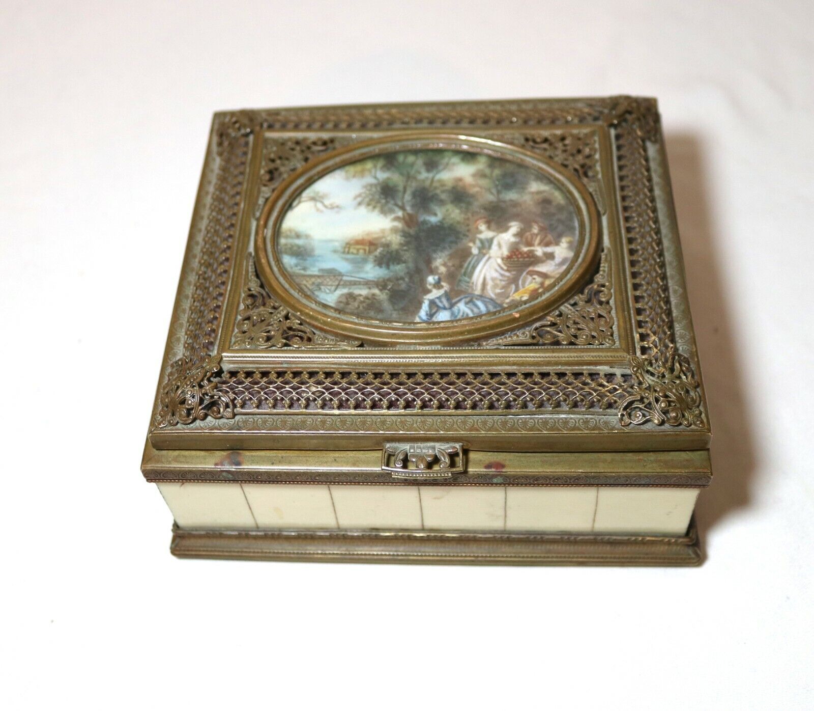 antique ornate Italy bronze filigree celluloid landscape mini painting wood box