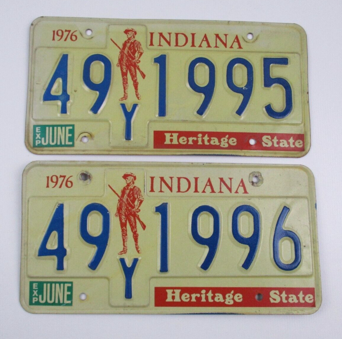 2 1976 Vintage Indiana License Plates Heritage State # 49Y 1995 & 49Y 1996