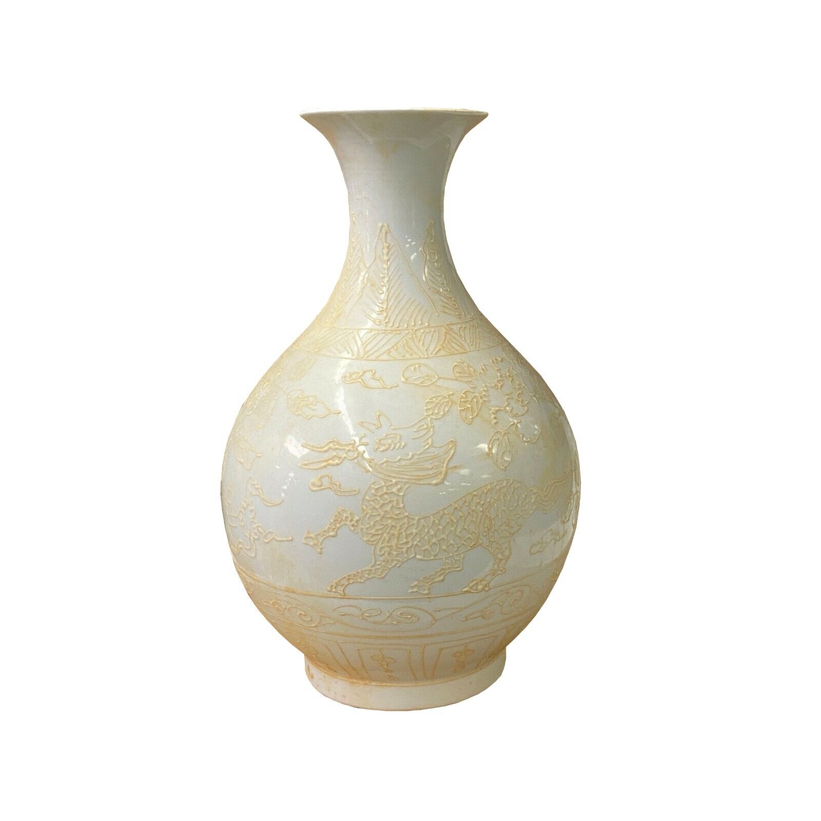Chinese Off White Porcelain Dimensional Kirin Flower Round Shape Vase cs4003