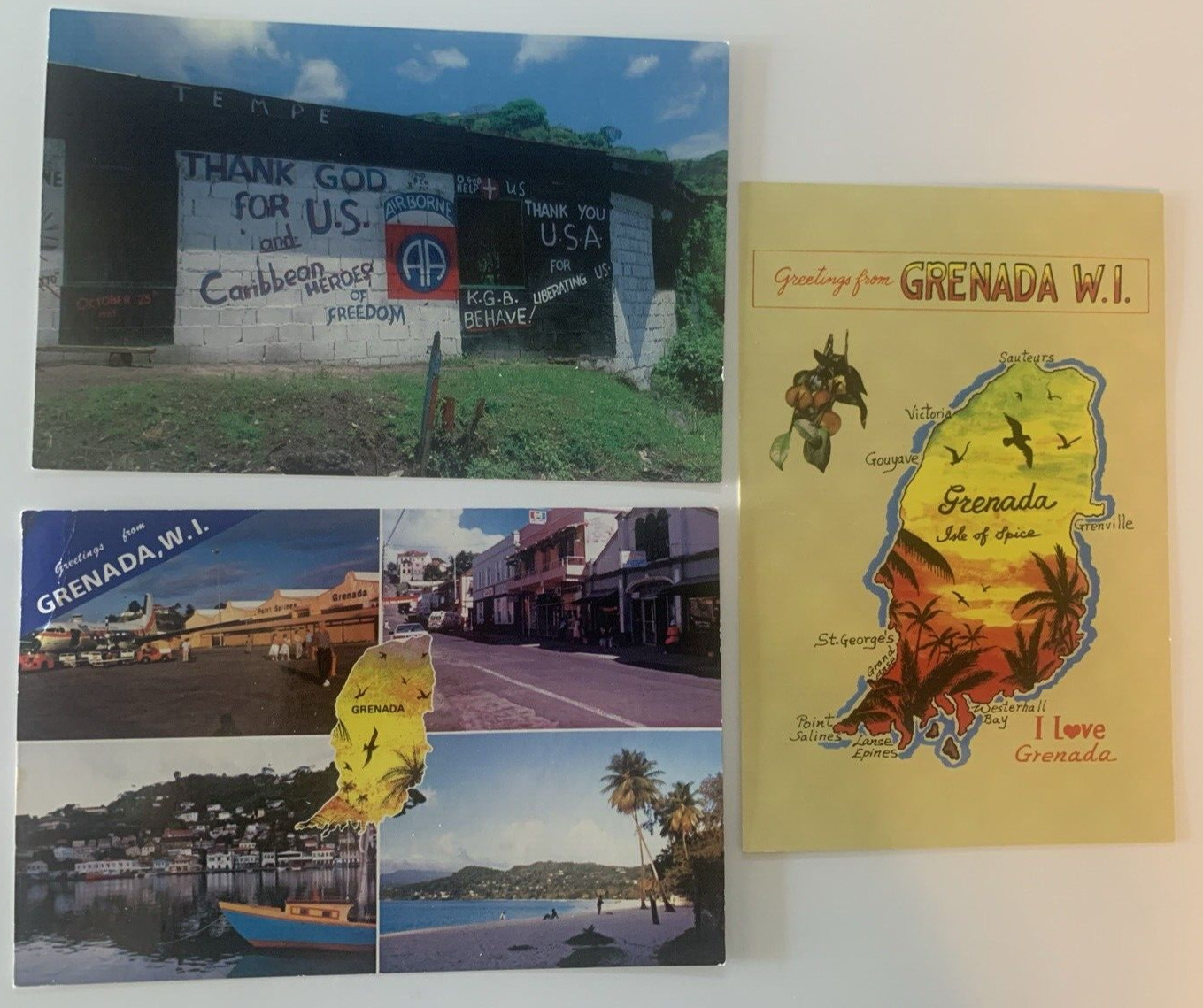 Vintage Grenada WI Postcard Lot Thank God for U.S. Heroes of Freedom Spice Isle