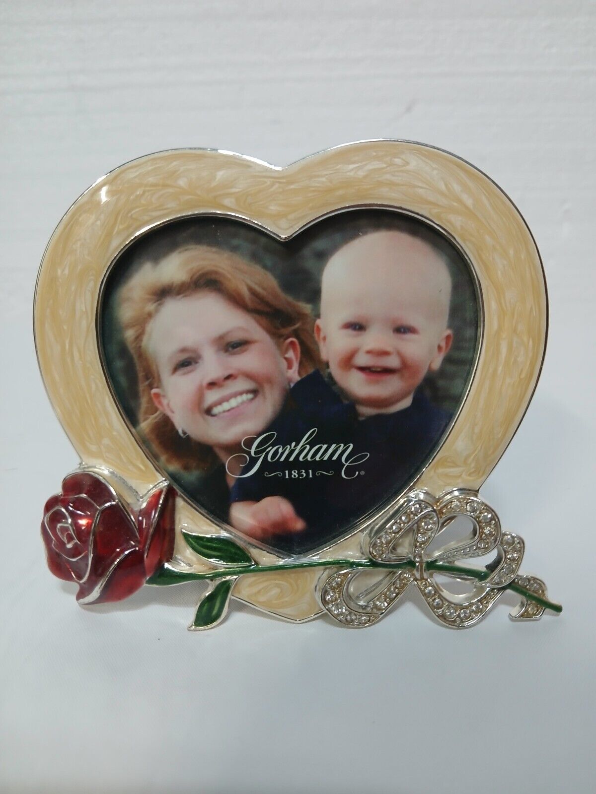 Gorham 1831 Enameled Silverplate Picture Frame Heart Red Rose Bow New No Box