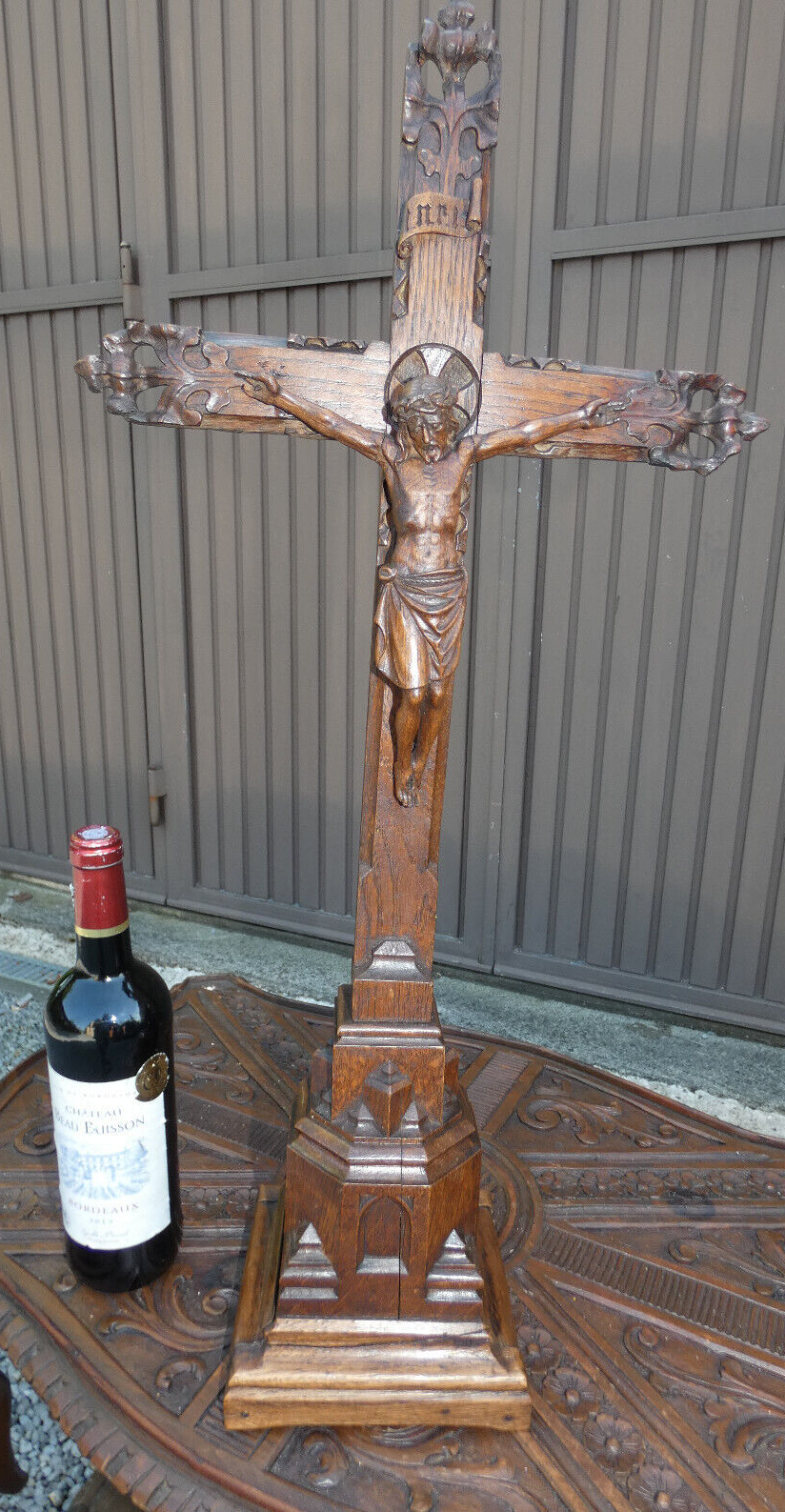 Antique 19thc Large wood carved standing crucifix