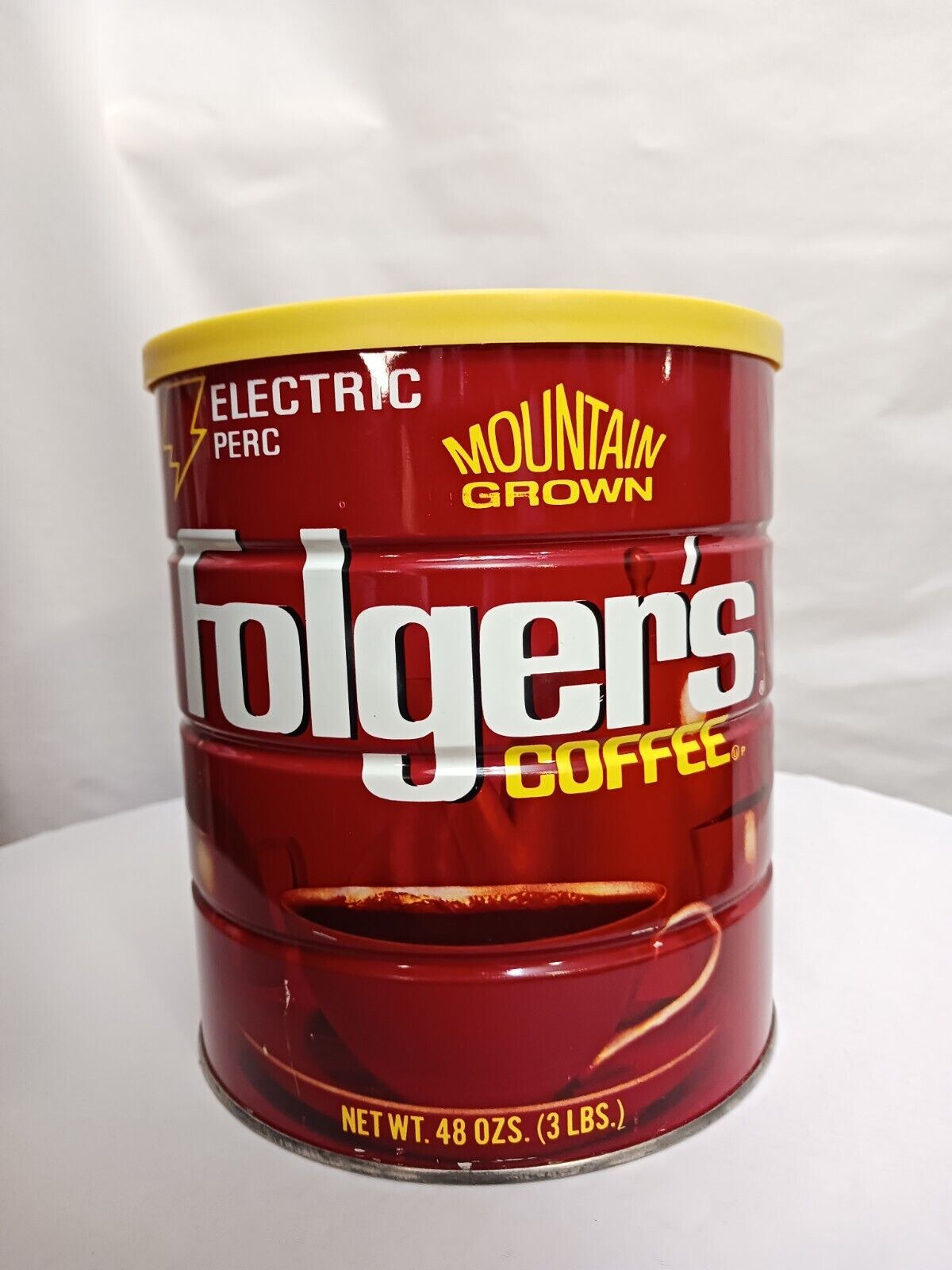 Vintage Folgers Metal Tin Can 48 oz Yellow Backward Stamped Lid Empty