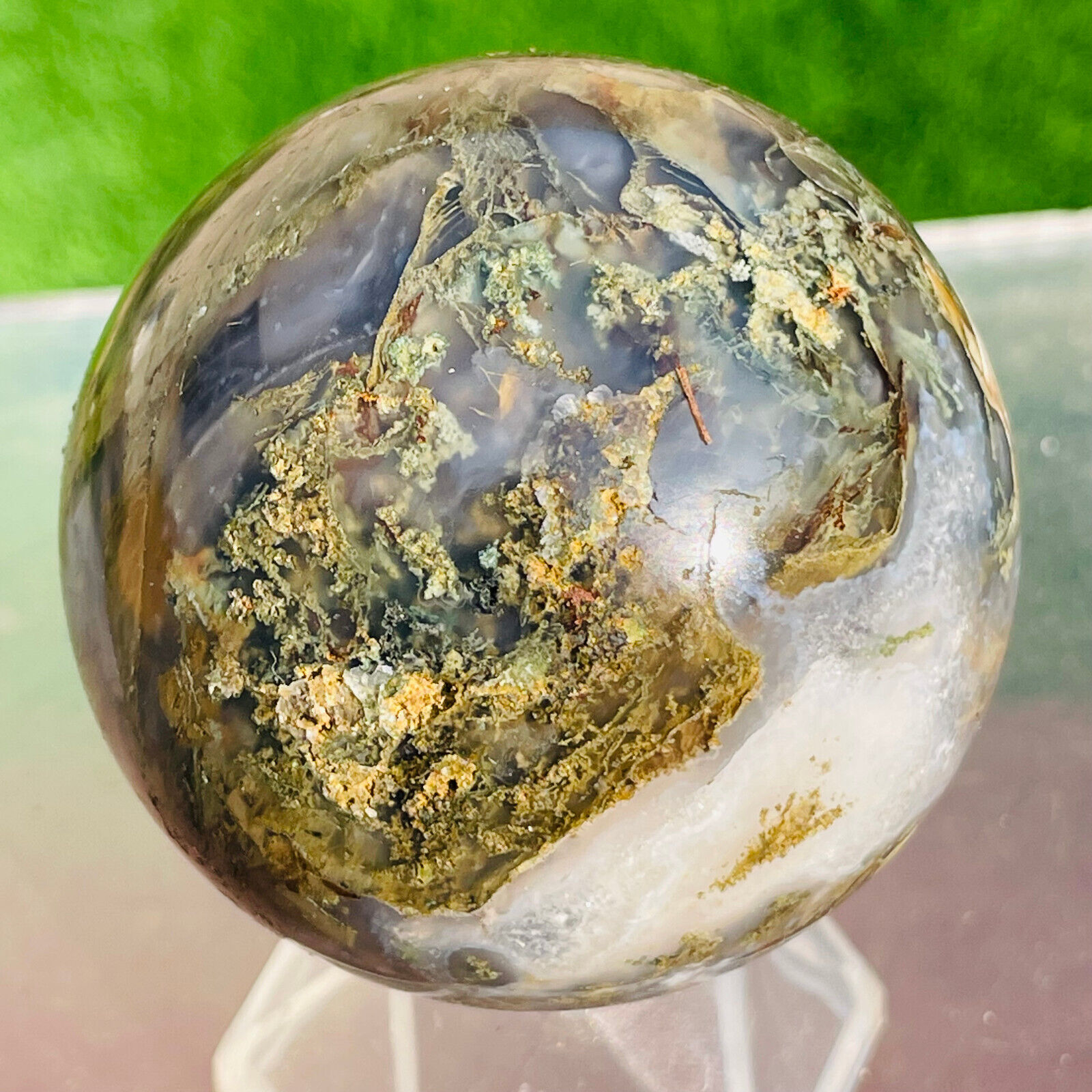 240g Natural Green Moss Agate Crystal Sphere Quartz Healing Ball Chakra