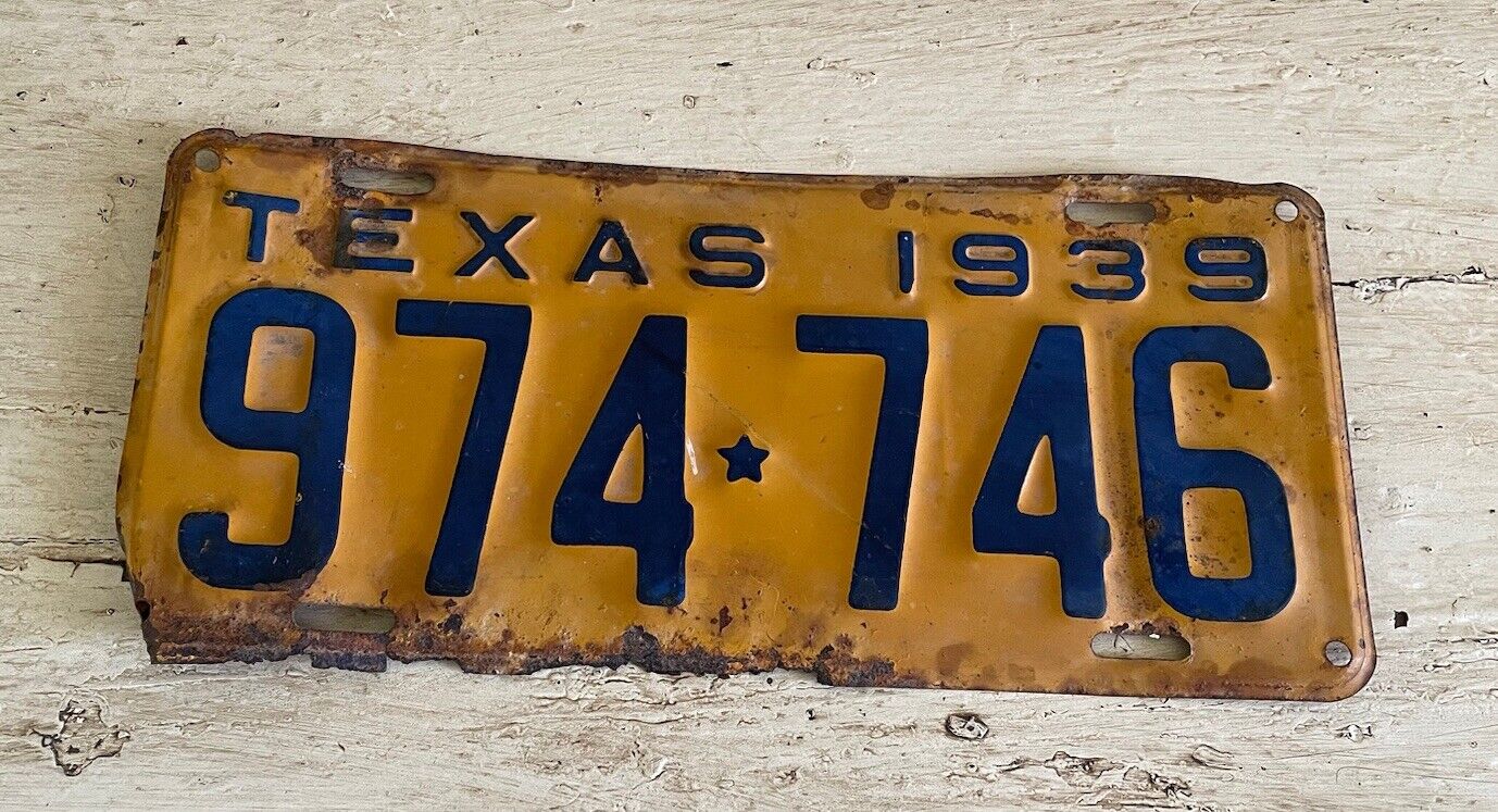 Vtg 1939 Texas License Plate # 974*746 Expired Wall Art Man Cave Decor Rustic TX