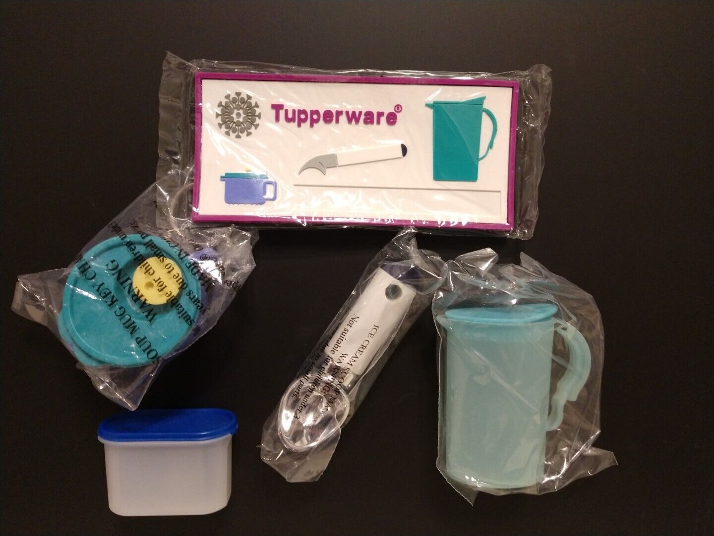 Vintage Tupperware Magnets & Keychain Tiny Treasures Lot of 5 ~ NOS, Soup, Scoop