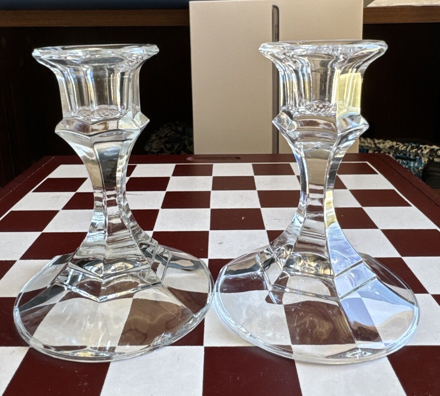 Set of 2 Candle stick holders Lead Crystal Clear Glass 4 inches tall ,1 Defect.