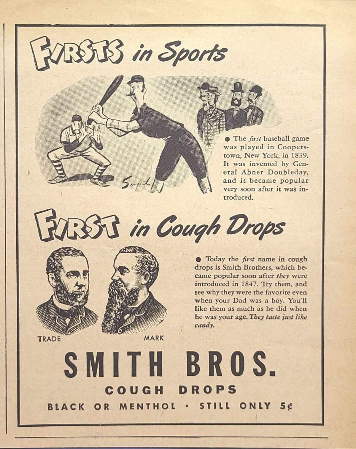 Smith Bros Cough Drops Baseball Doubleday Cooperstown Vintage Print Ad 1945