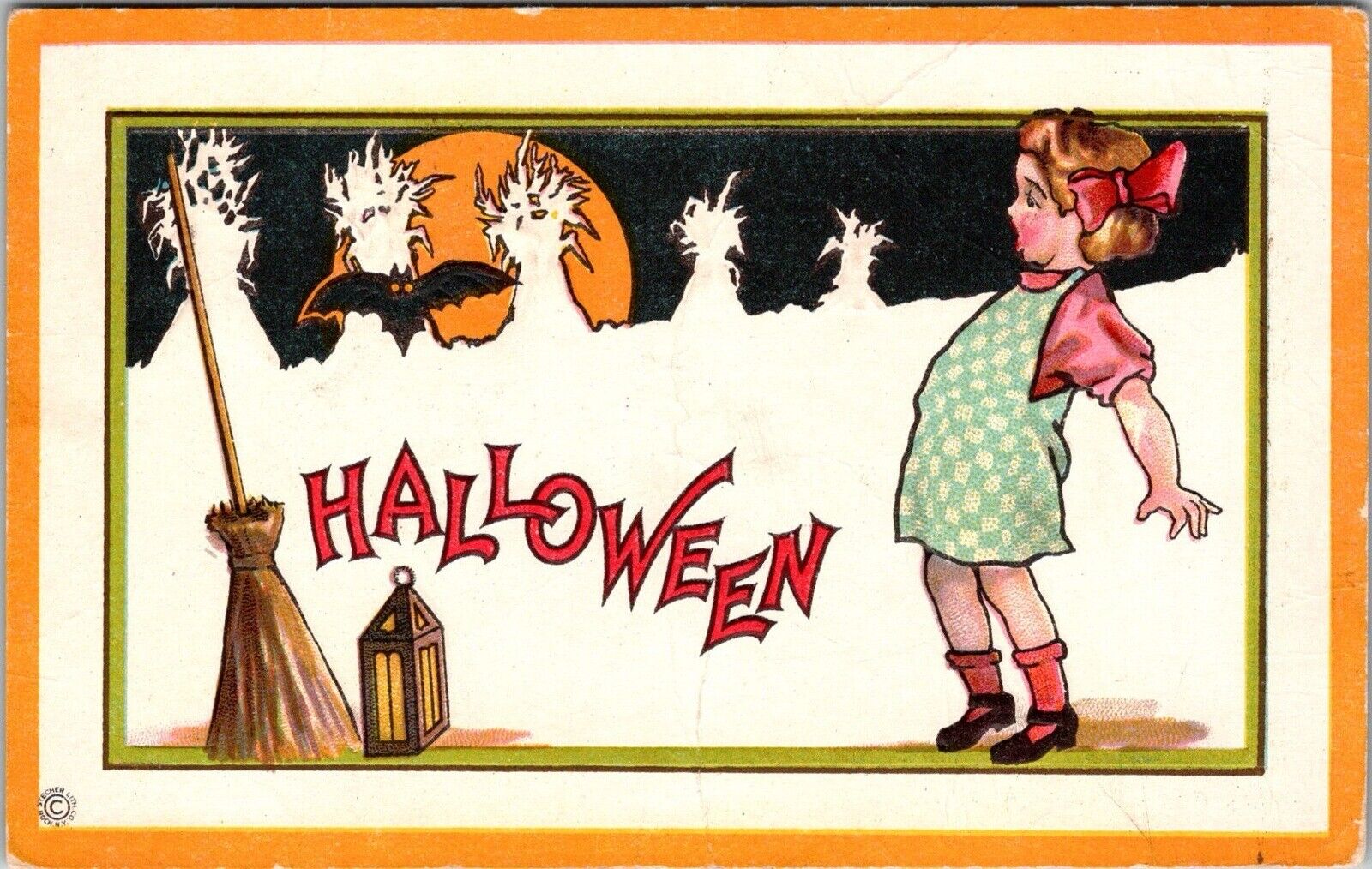 Vintage Halloween Postcard Stecher No 90 Broom & Lantern Girl Scared by Bat JB13