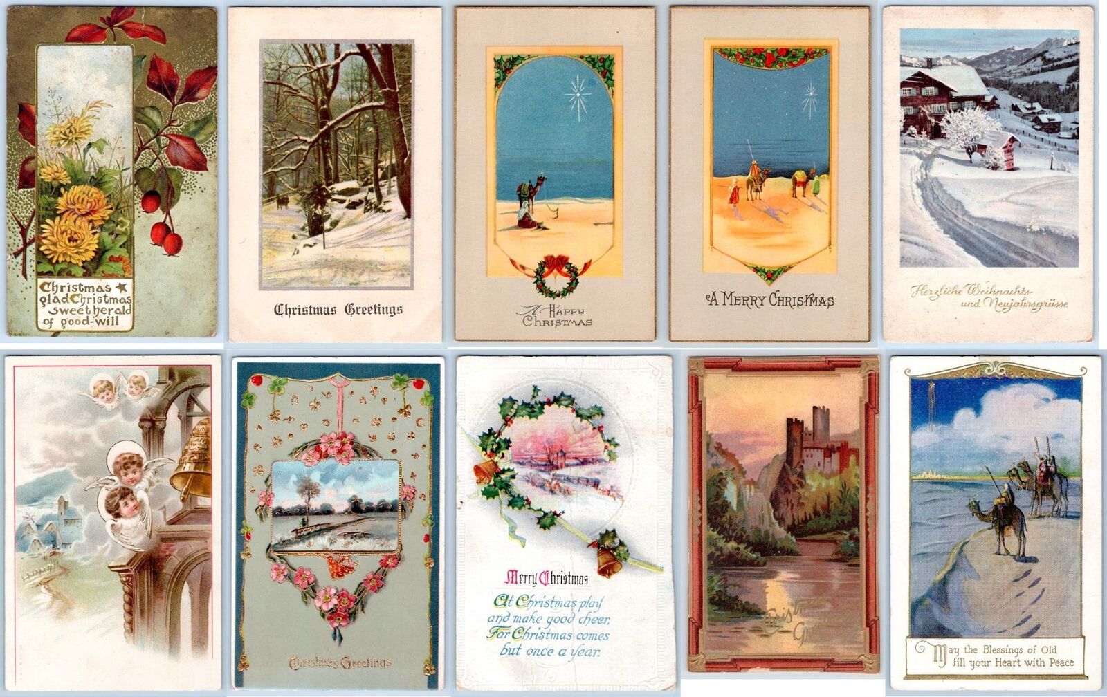 LOT/10 ANTIQUE CHRISTMAS VINTAGE POSTCARDS EARLY 1900\'s CONDITION VARIES #63