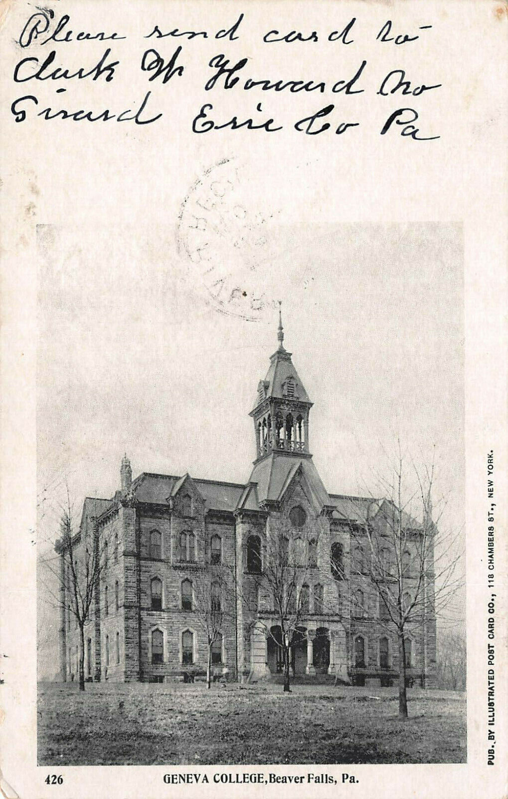 Geneva College, Beaver Falls, Pennsylvania, Early Postcard, Used in 1907
