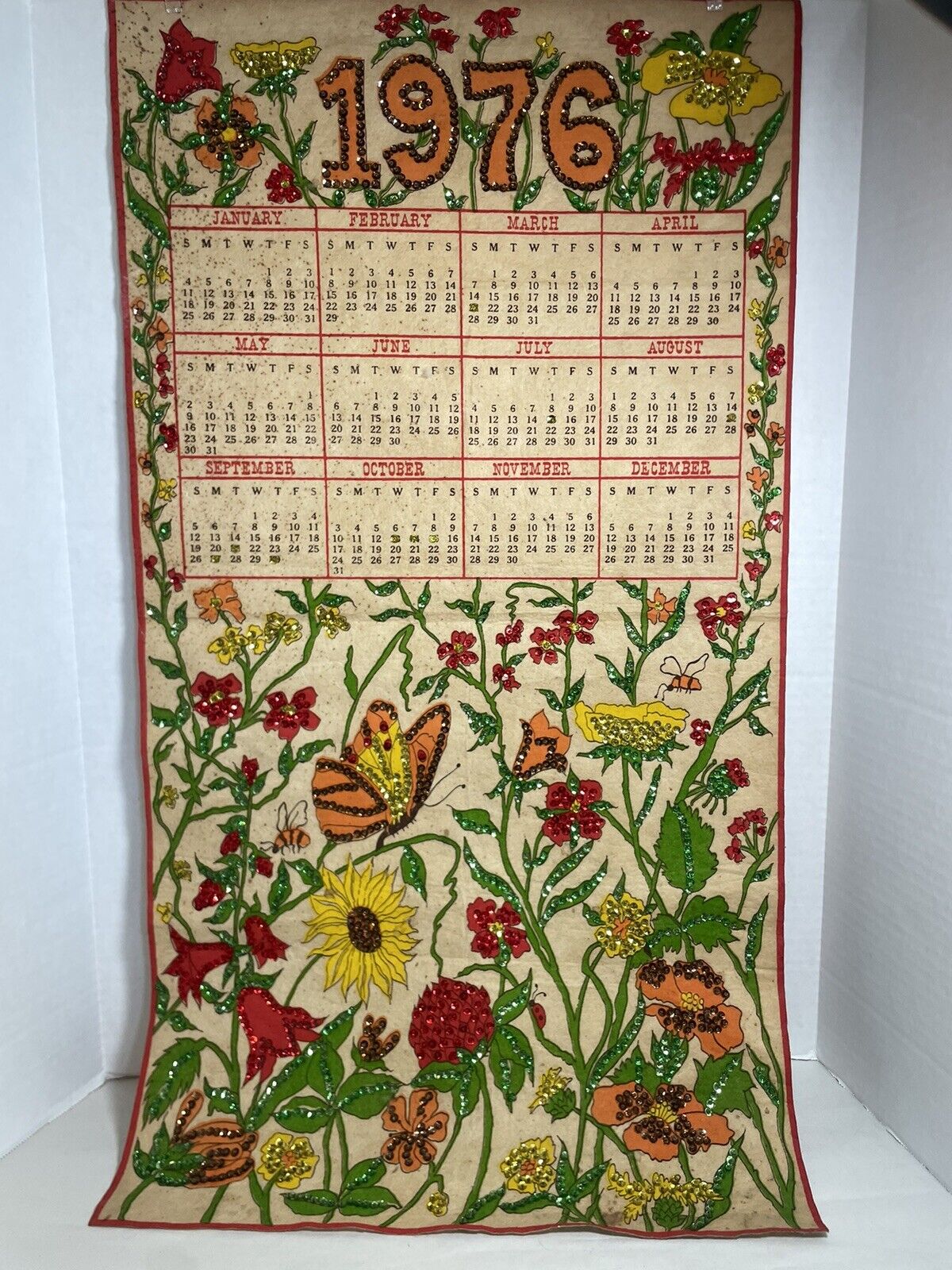 Vintage 1976 Hanging Yearly Calendar-Flowers Floral Sequins Retro MCM Groovy
