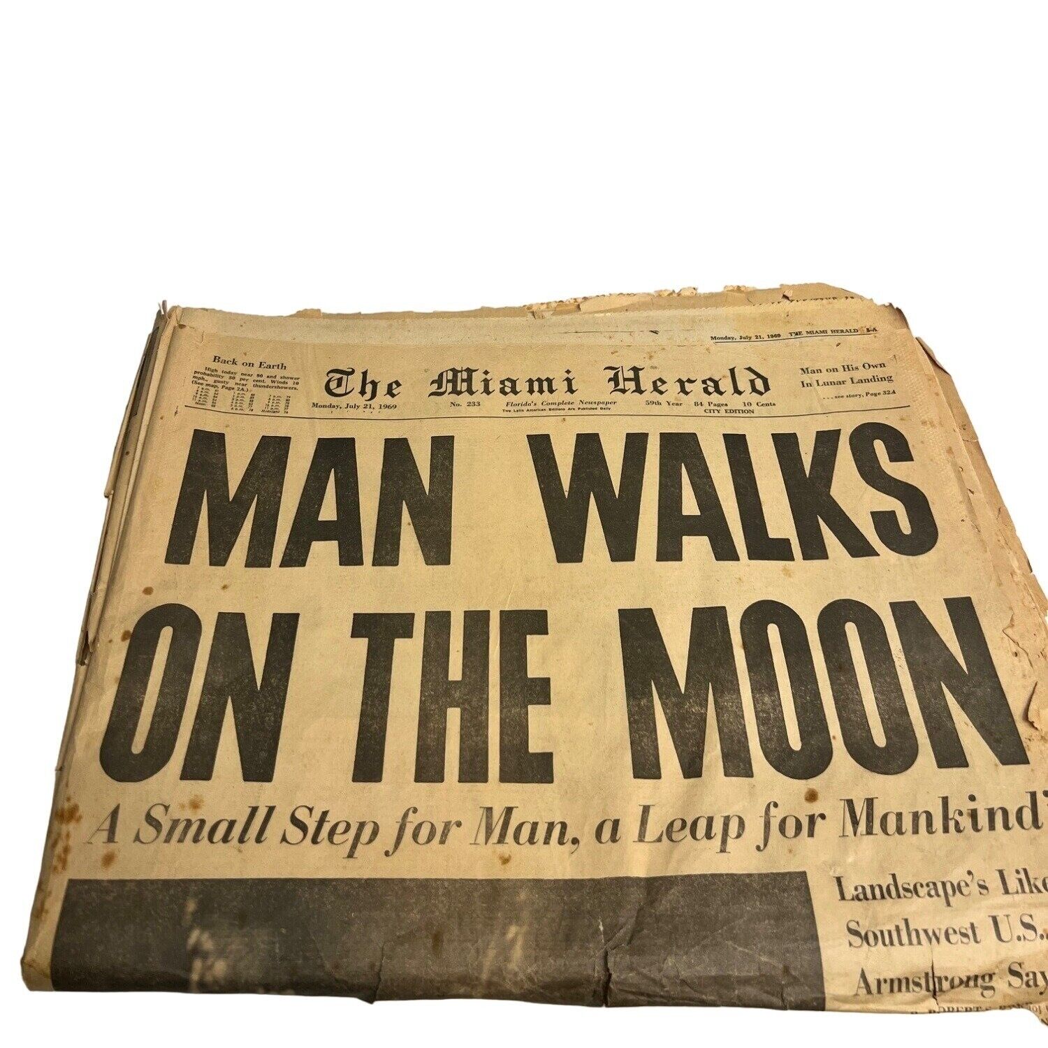 Original Man Walks On The Moon 1969 Miami Herald Newspaper