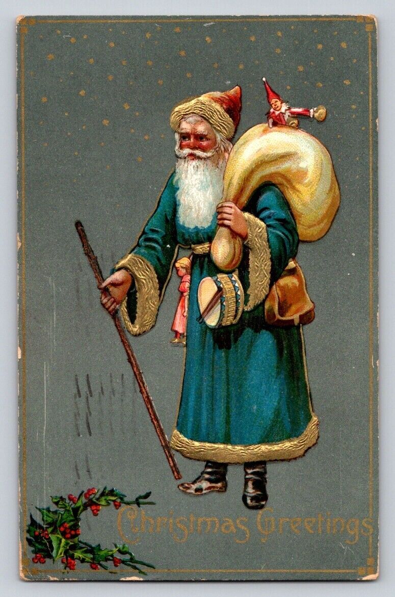 c1909 Blue Robe Santa Claus Toys Drum Gilt Gold Embossed Christmas P321