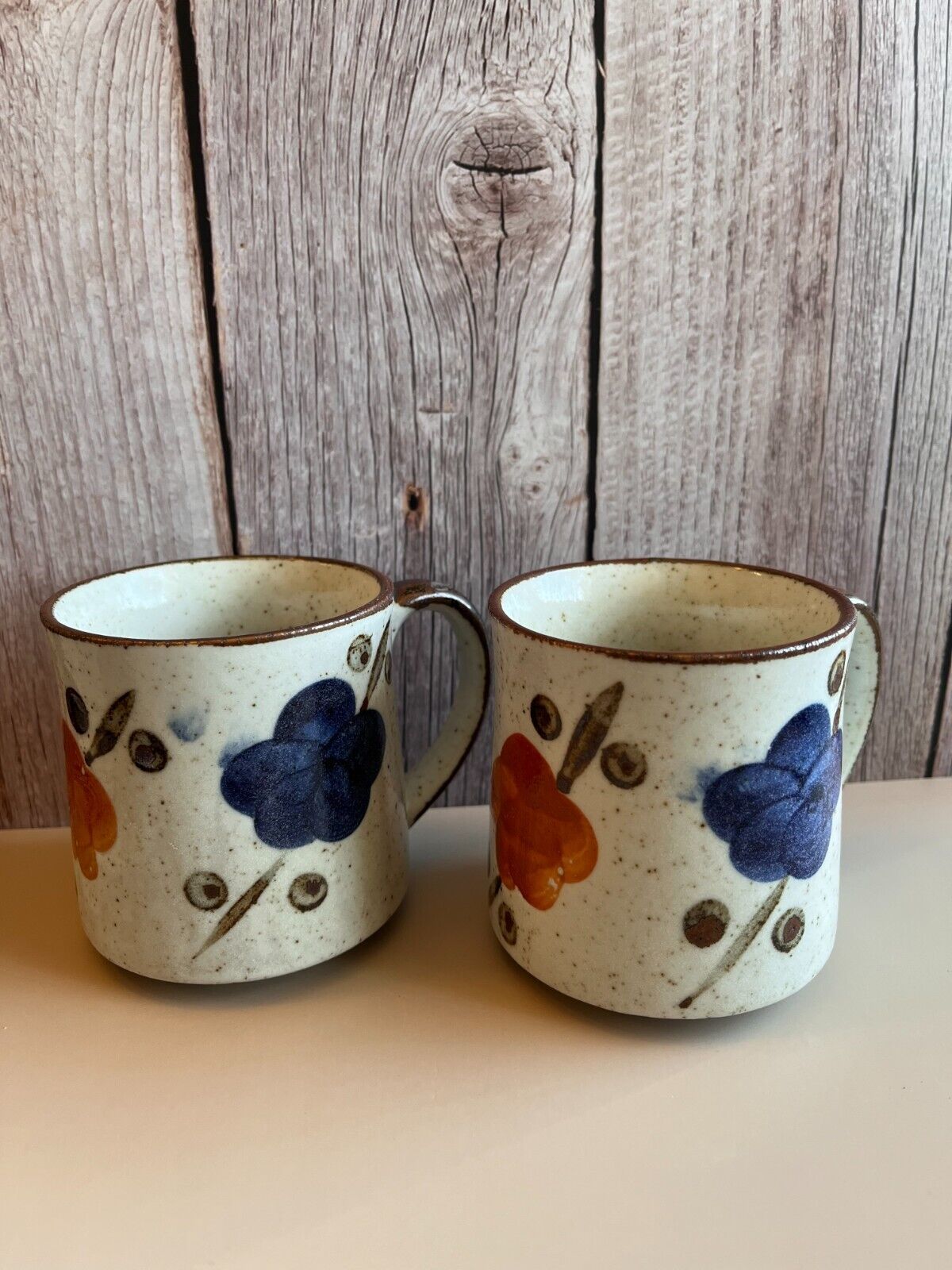 Vintage Otagiri Style Mug Stoneware Speckled Hand Painted 70s Flowers Set of 2