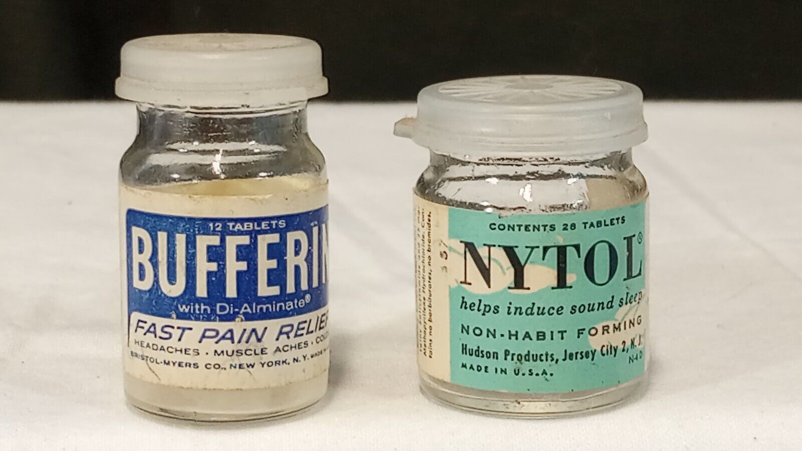 Vintage Glass Bottles Bufferin and Nytol with Plastic Lids