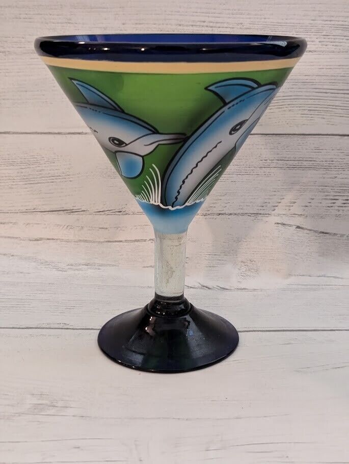 Large Mexico Hand Painted  Margarita Glasses - Hand Blown Glass & Authentic Mex