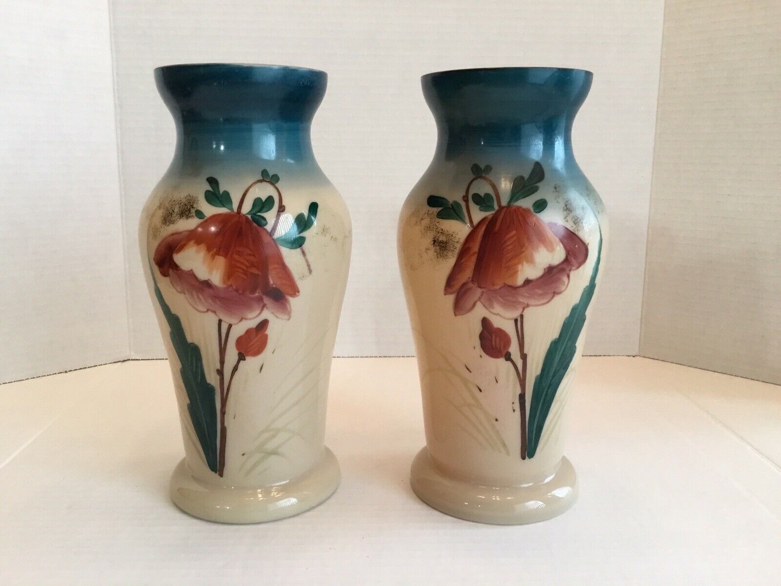 Vintage Pair Of Victorian Opaline Hand Blown Hand Painted Vases Florals
