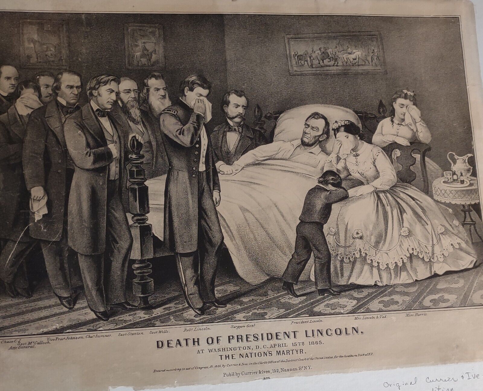 Abraham Death of President Lincoln Antique Currier & Ives Deathbed 4/15/1865 
