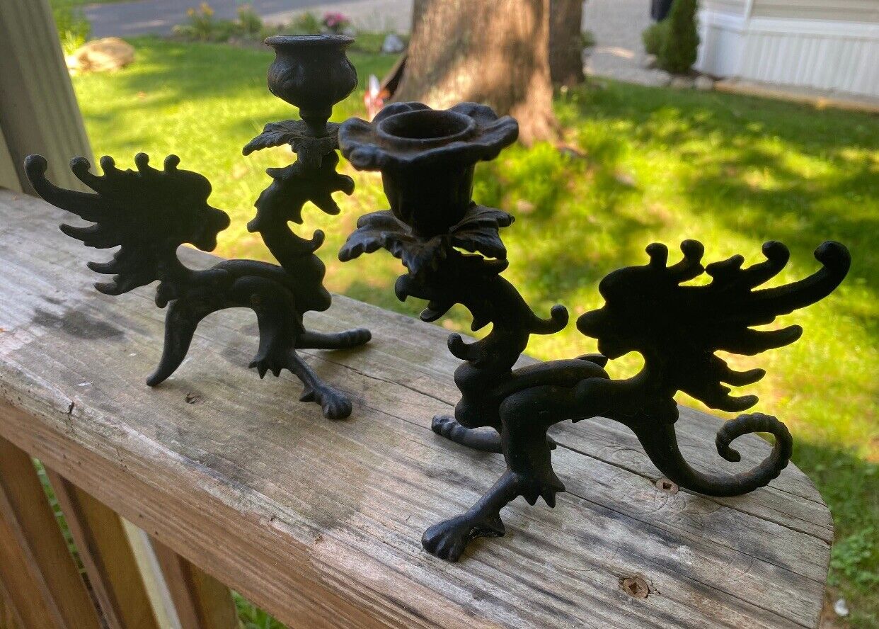 1950s Wrought Iron Black Dragon Cast Iron Candle Holders /Pair /*Broken Piece*