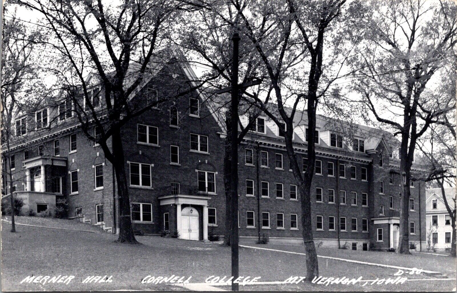 Real Photo Postcard Merner Hall at Carnell College in Mount Vernon, Iowa