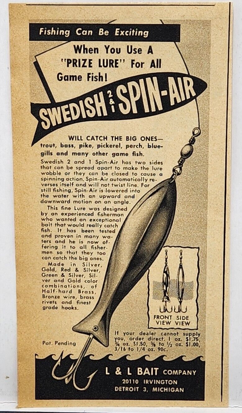 1954 L&L Bait Swedish 2 & 1 Spin-Air Fishing Print Ad Detroit Michigan