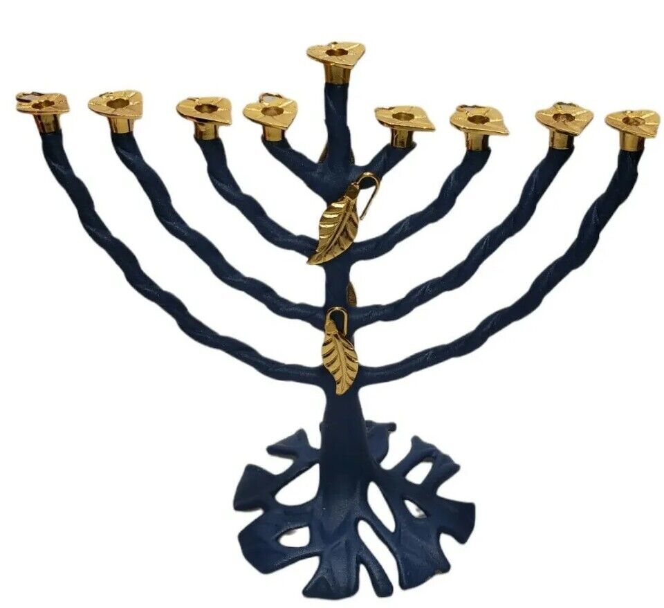 Vintage Hanukkah Menorah Brass Tree Of Life  Menorah Enameled Blue W Gold Leaves