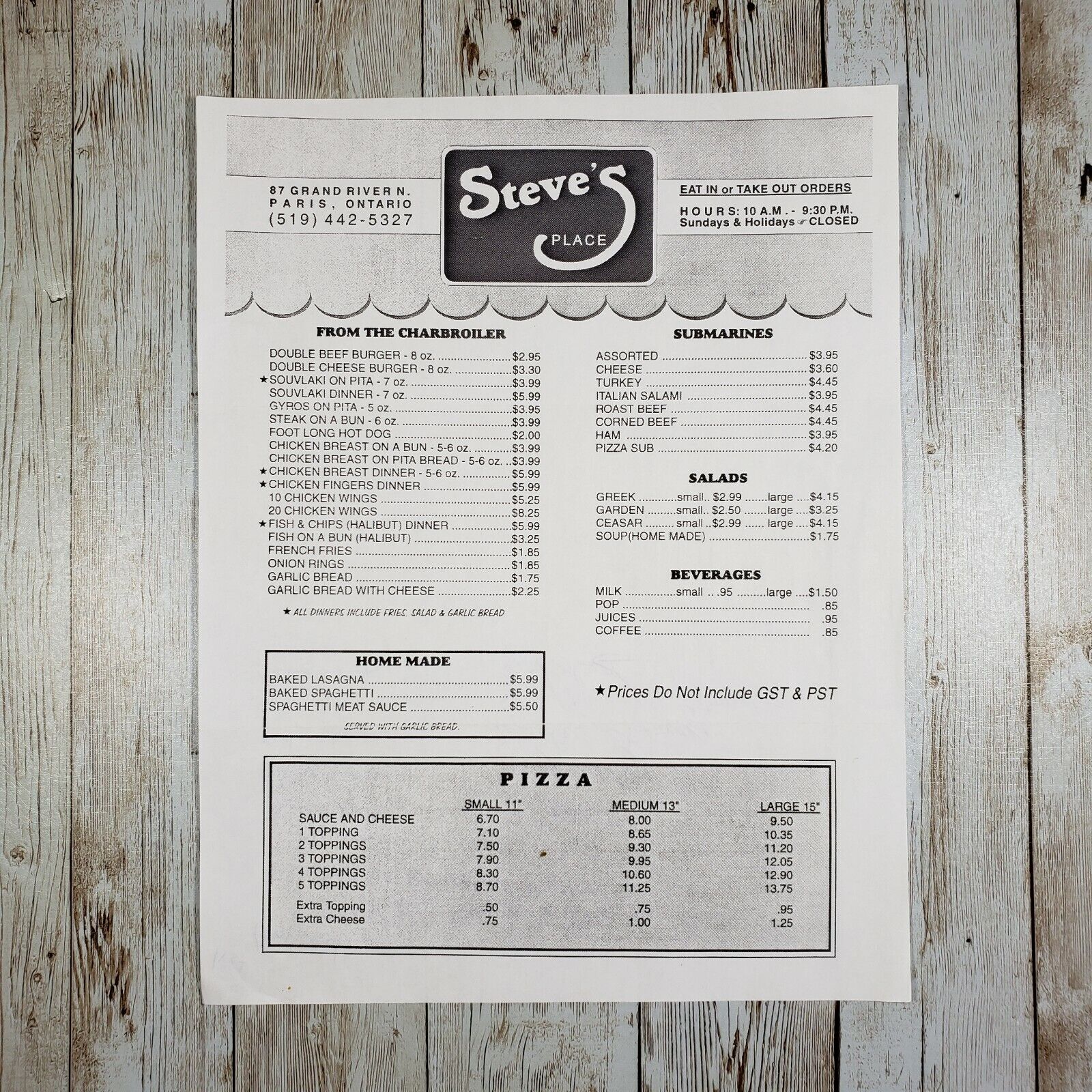 Restaurant Menu Steve’s Place Paris Ontario ON Eat In Take Out Paper