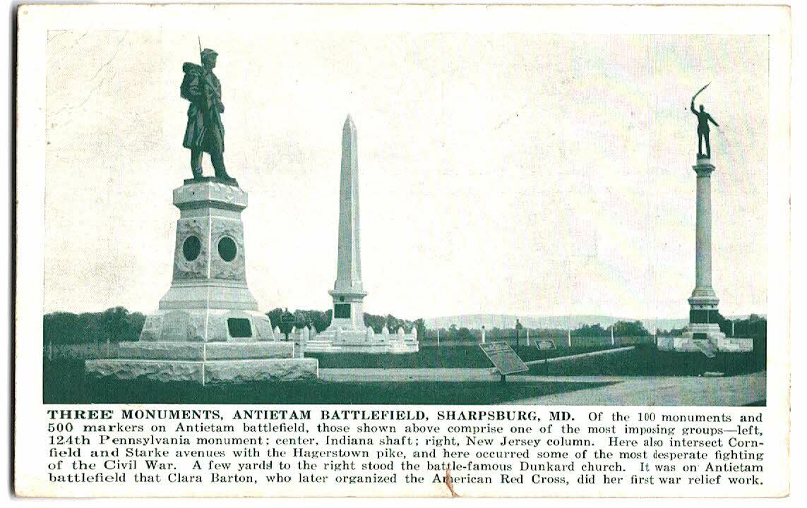 POSTCARD THREE MONUMENTS ANTIETAM BATTLEFIELD SHARPSBURG MARYLAND 1938 MD