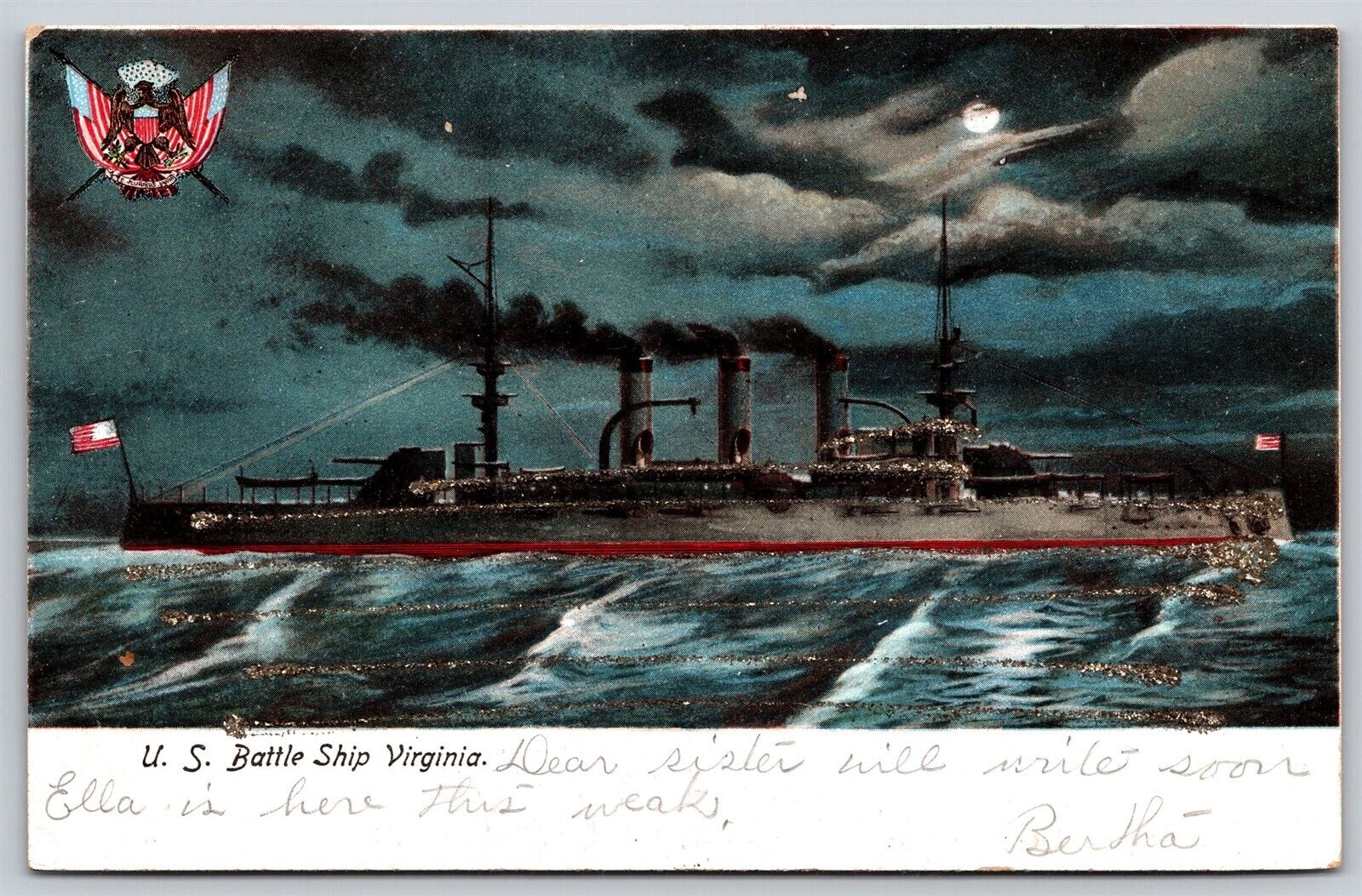 Postcard US Battleship Virginia night glitter military ship C27